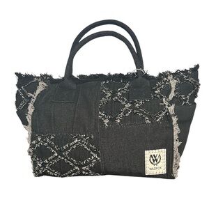 Wildfox Black Denim Distressed Frayed Bag zippered Tote patchwork style NWT